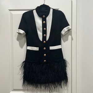 Tweeted, feathered, cocktail dress